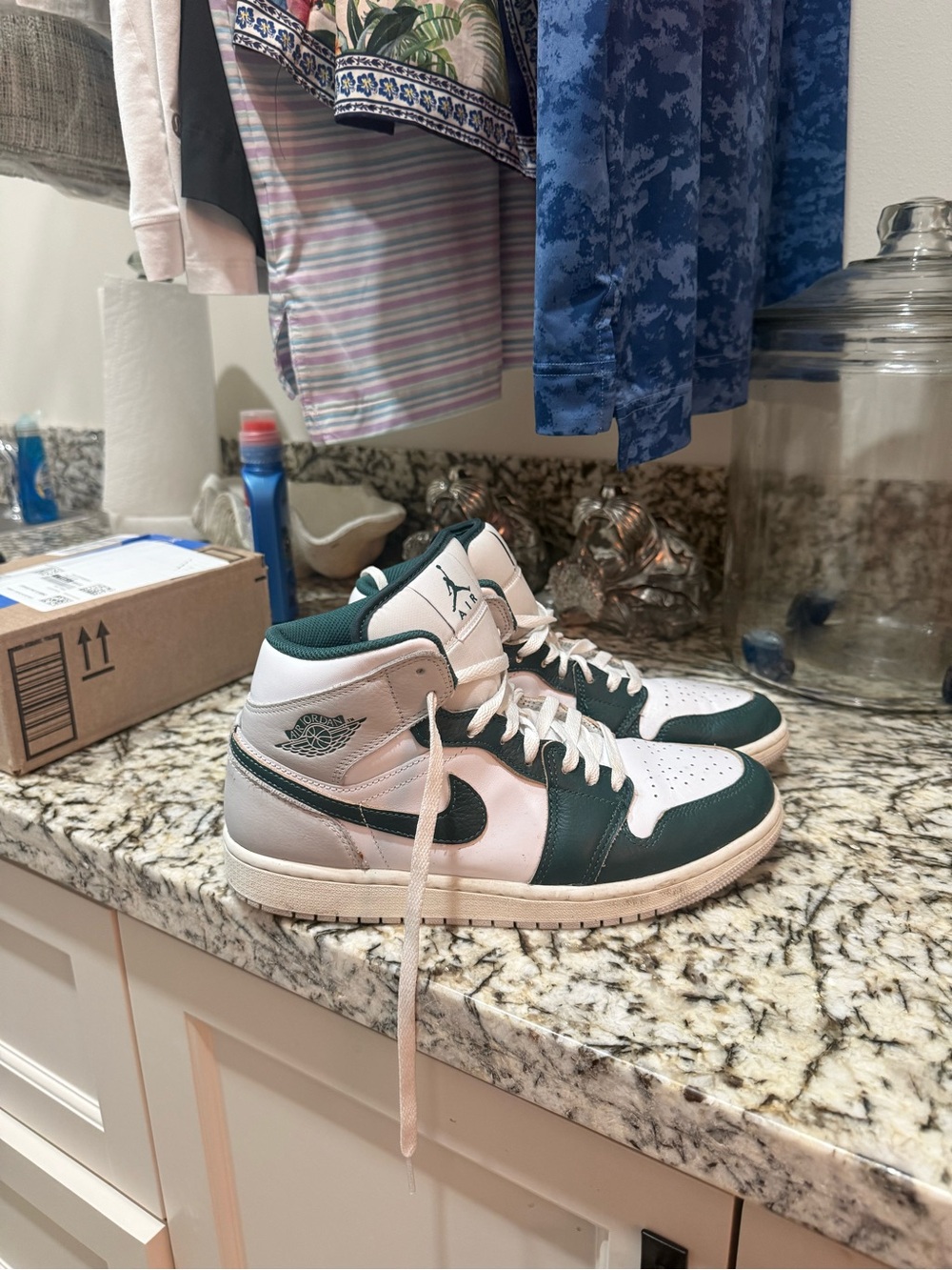 Nike Air Jordan 1 Mid White & Dark Green Leather Sneakers